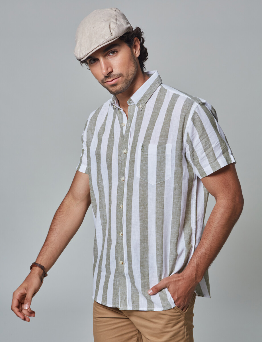 Camisa lino m/c rayada oliva