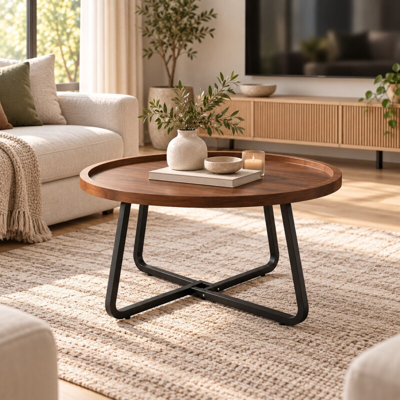 Mesa de Centro Redonda Madera Y Metal Grande Mesa de Centro Redonda Madera Y Metal Grande
