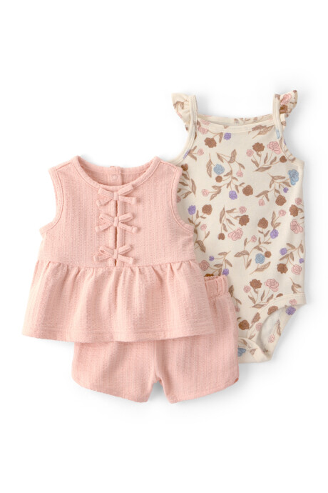 Set tres piezas de algodón, short y musculosa mil rayas más body floral Set tres piezas de algodón, short y musculosa mil rayas más body floral