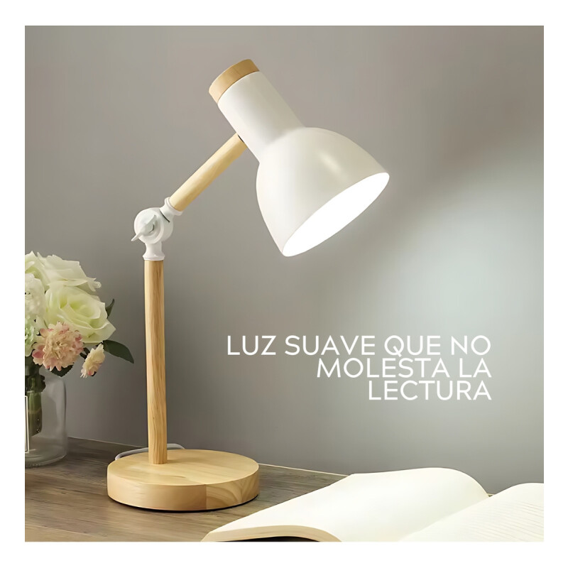 Lampara De Escritorio Portatil Nordica Madera Y Metal Blanco