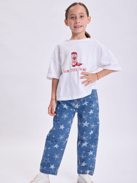 Pantalón jean paper bag Estampado Estrellas Azul Medio