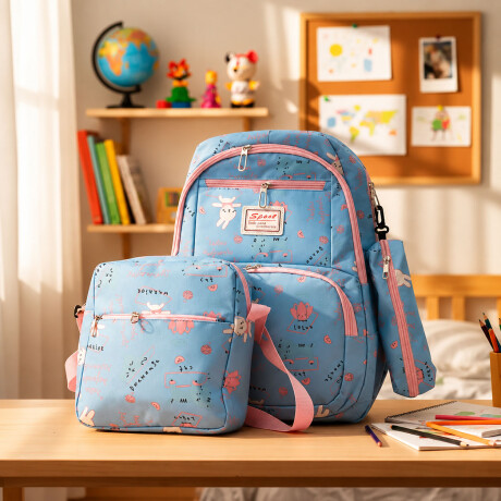 Set Mochila 3 Piezas Diseño Animalitos Escolar Resistente Celeste