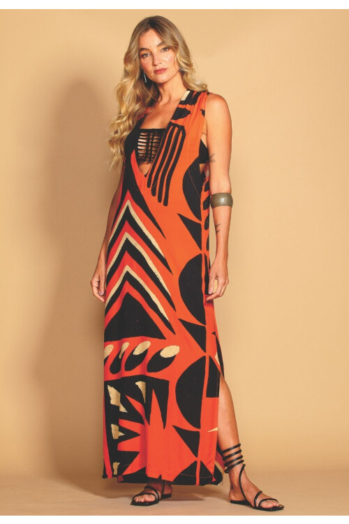 VESTIDO LARGO ESTAMPADO TRIBO DO SOL 03025