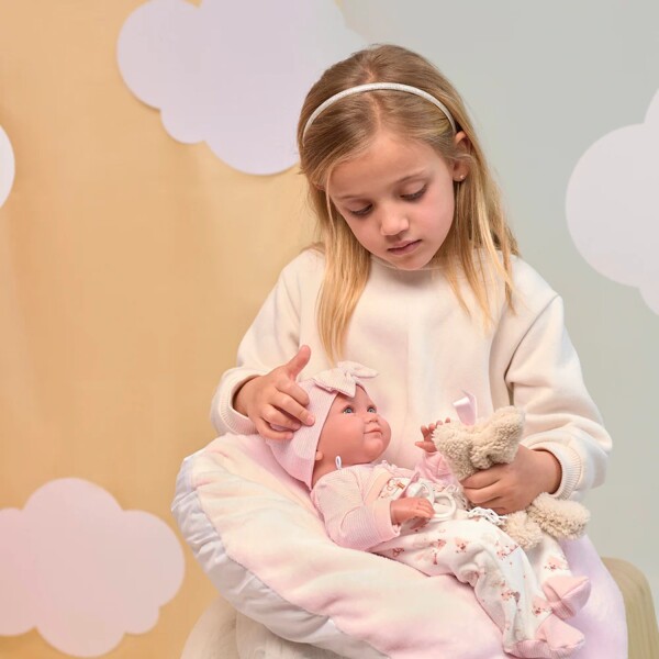 Muñeca Llorens LLoron Nico Recién Nacido Cama Gris Mama Papa Modelo Nica Rosa