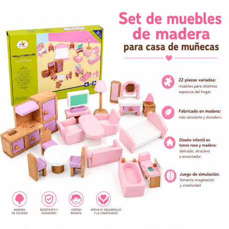 Set Muebles De Madera Para Casa Muñecas 22 Piezas Infantil Rosado