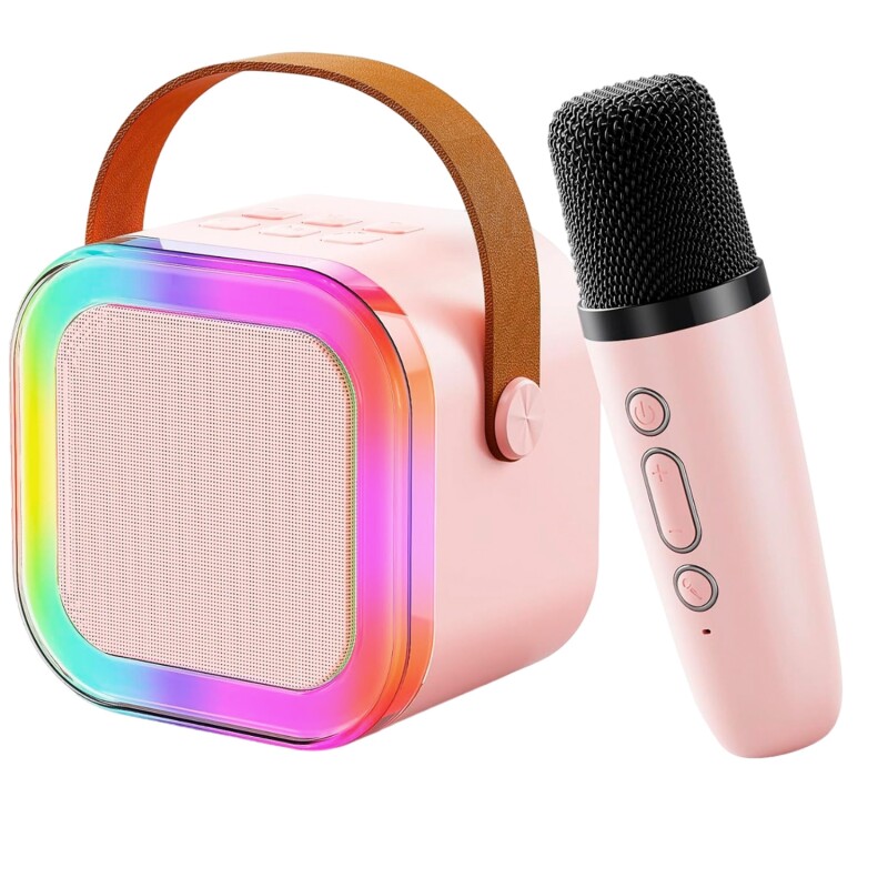 Mini Parlante Bluetooth con Micrófono Karaoke y Luces LED Rosa