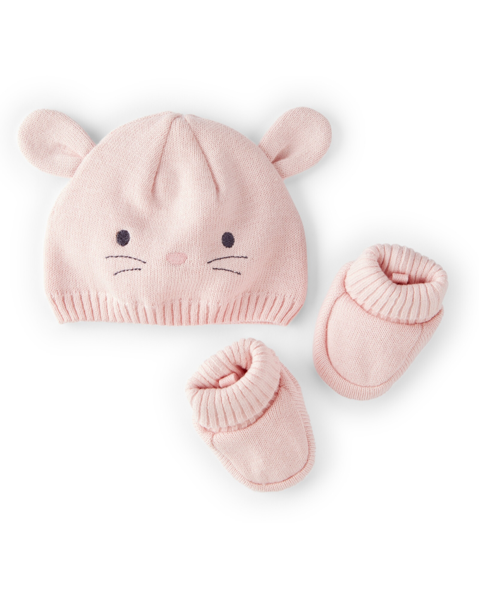 Gorro y escarpines de algodón, diseño conejita Gorro y escarpines de algodón, diseño conejita