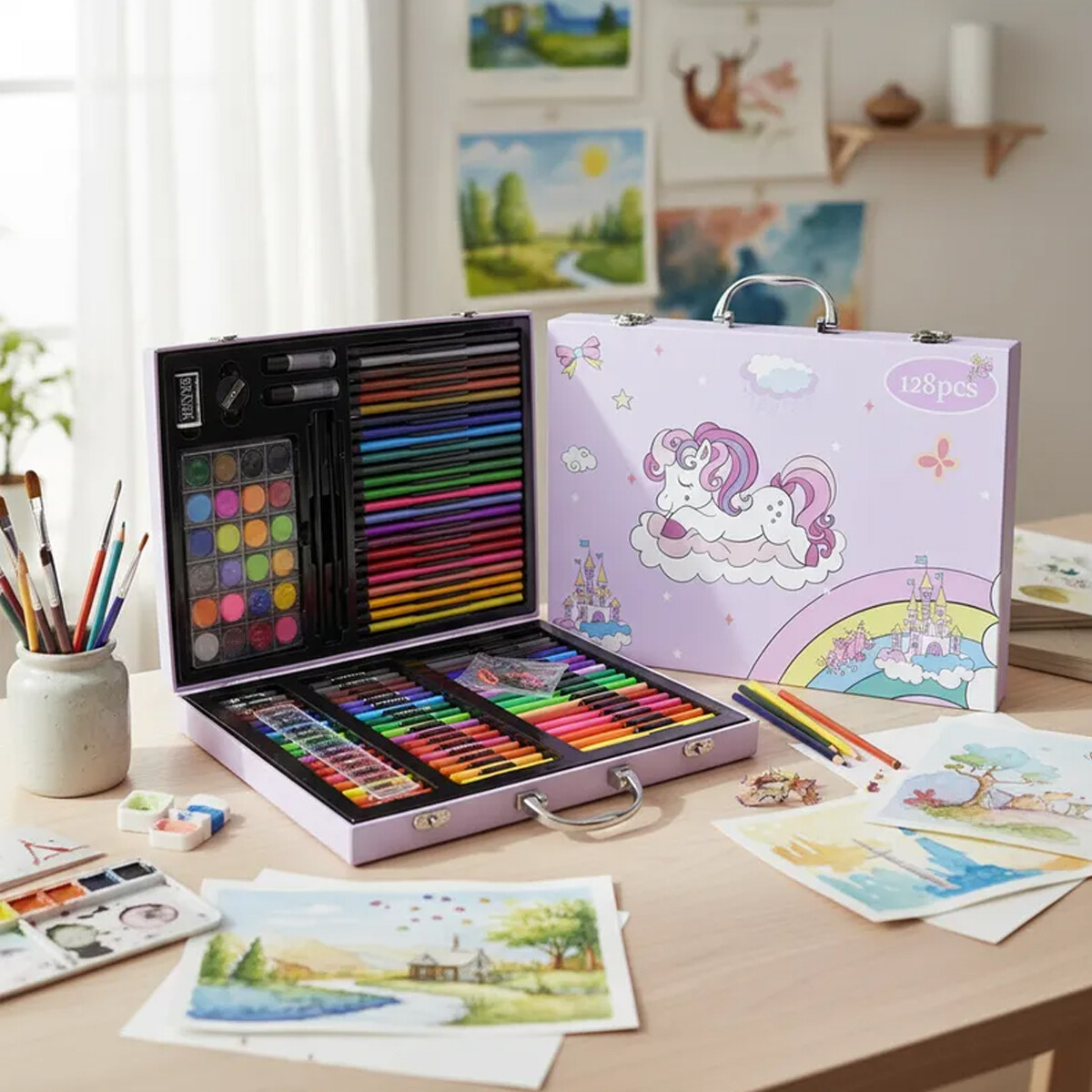 Valija infantil 128 Piezas Marcadores Lápices Crayones Madera - Rosa 
