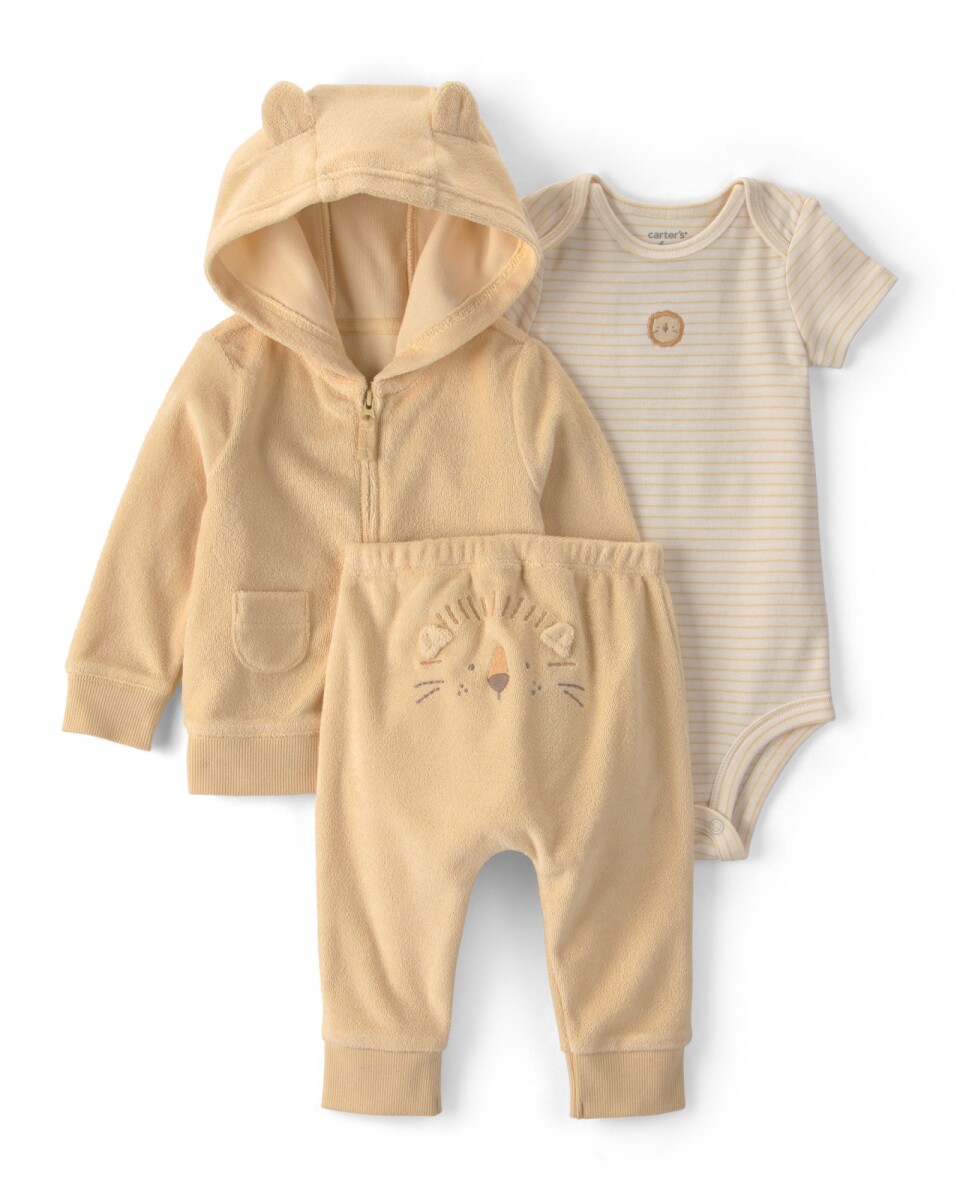 Set tres piezas, campera y pantalón de algodón terry, más body, amarillo, diseño león 