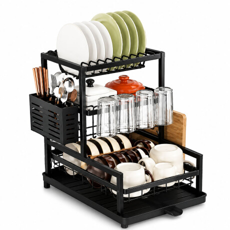 Escurridor Platos 3 Pisos Drenaje Automatico Porta Cubiertos Negro