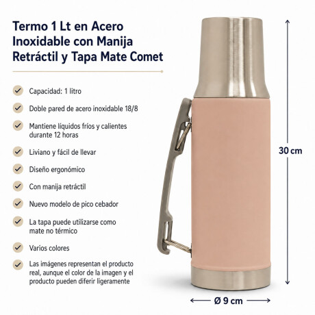 Termo 1Lt Acero Inox con Manija Retráctil y Tapa Mate Comet Rosa