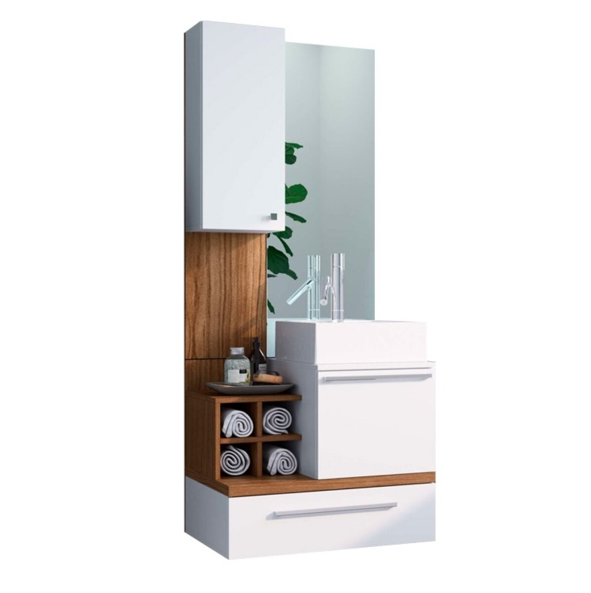 Mueble Baño + Bacha + Espejo Premium 15mm Blanco/roble 