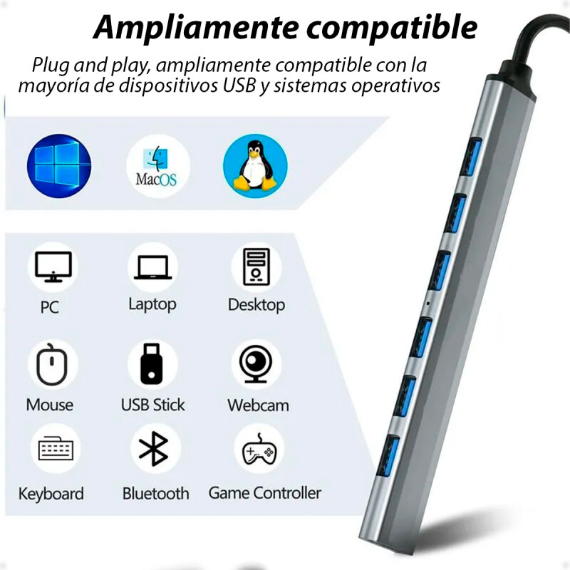 Hub Adaptador USB Tipo C 3.0 y USB 3.0 a USB A 3.0 y 6 Puertos USB A 2.0 Hub Adaptador USB Tipo C 3.0 y USB 3.0 a USB A 3.0 y 6 Puertos USB A 2.0