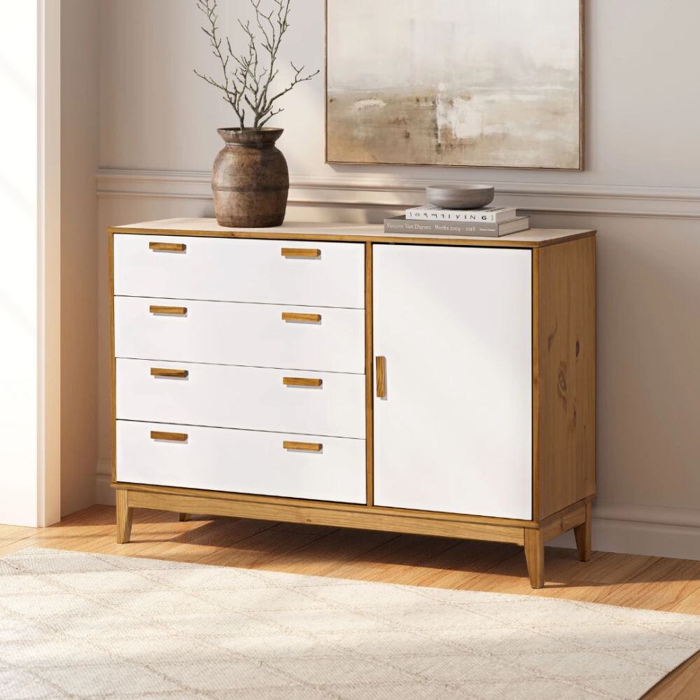 CÓMODA CAJONERA GUARDARROPA 4 CAJONES 1 PUERTA EN MADERA MACIZA BLANCO