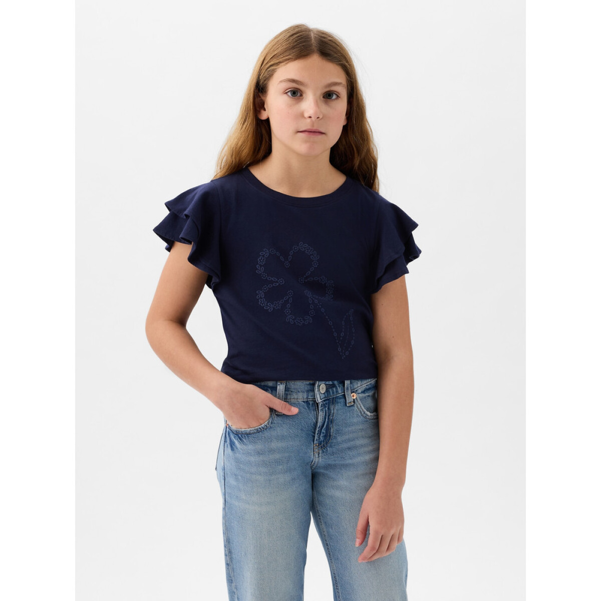 SS RUFFLE EMBRO BETTER GRPH TEE - NAVY UNIFORM 