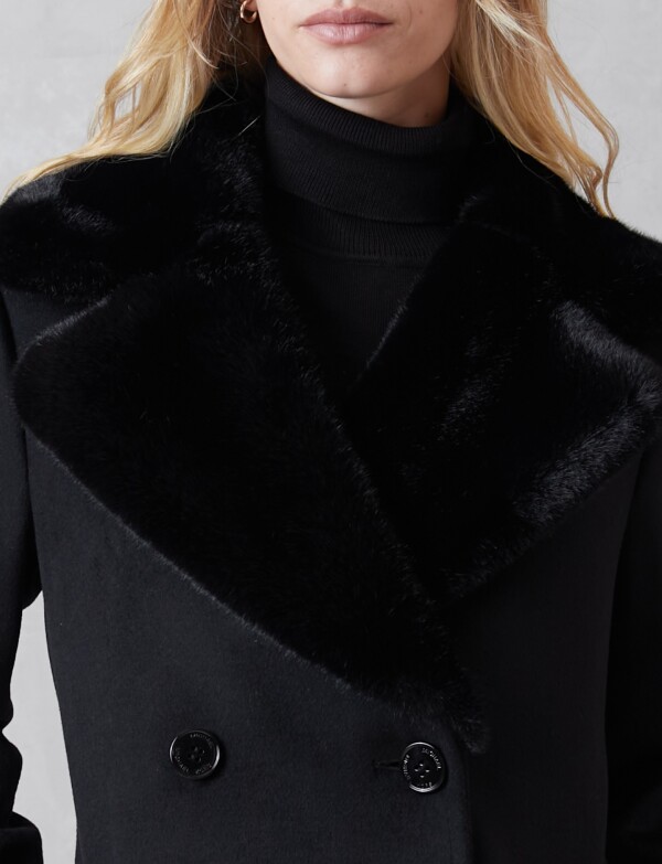 Tapado Lana Con Doble Abotonadura & Cuello De Piel NEGRO