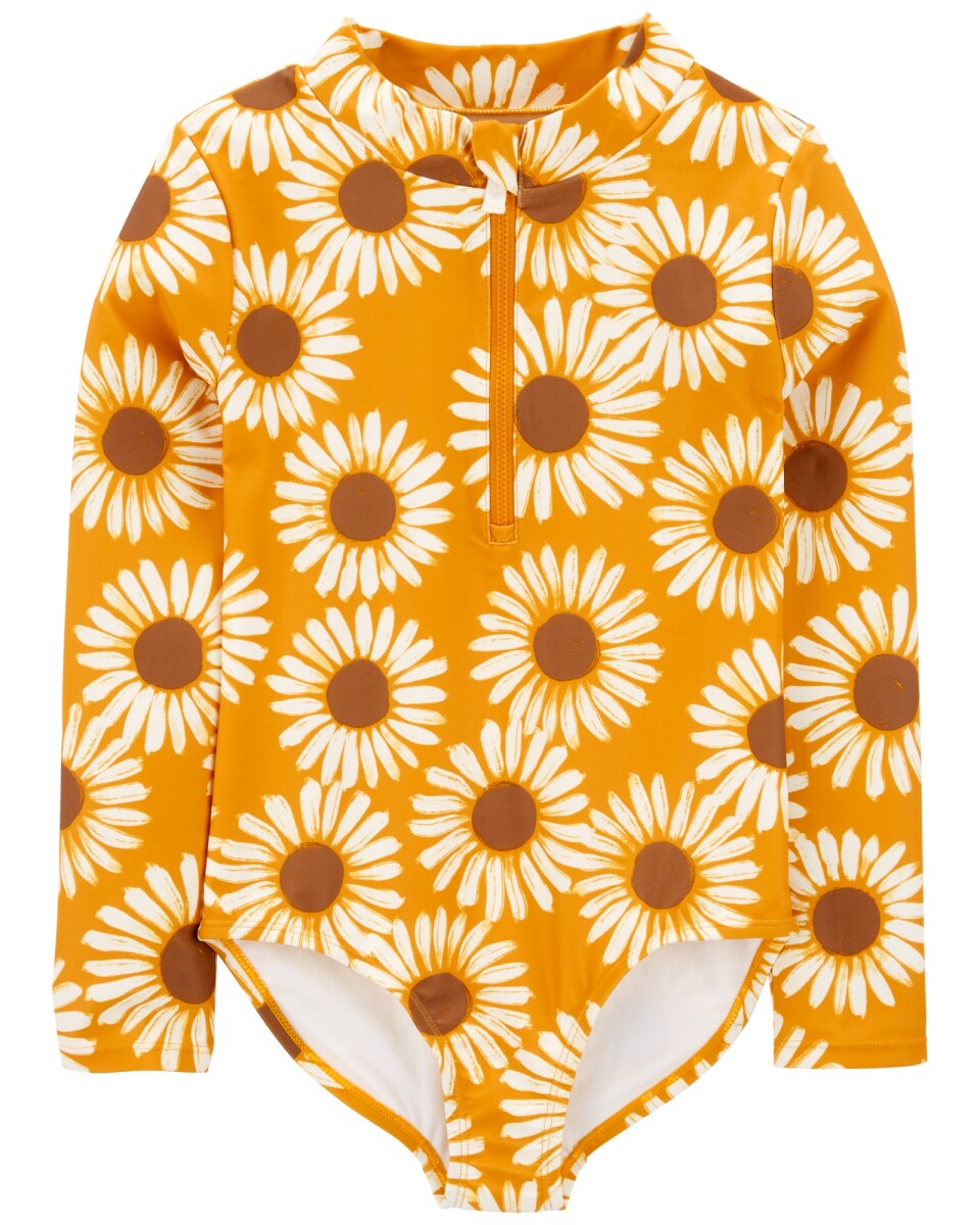Malla de baño una pieza manga larga con protección UPF 50+ diseño girasoles. Talles 6-8 