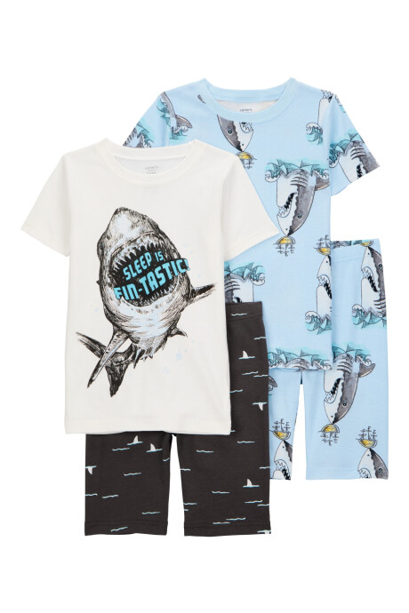 Pijama cuatro piezas de algodón, dos pantalones y dos remeras, diseño tiburones Sin color