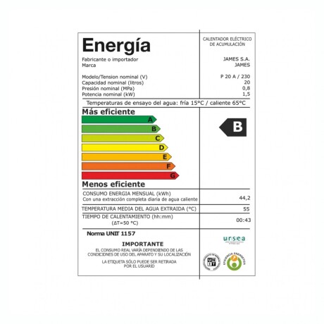 Termotanque JAMES Prisma 1500W Capacidad 20L Acero Termotanque JAMES Prisma 1500W Capacidad 20L Acero