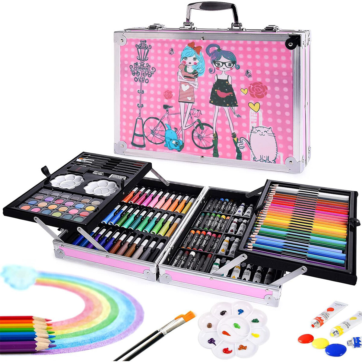 Set Valija Metálica Arte Escolar Didáctico 145 Piezas - Girls 