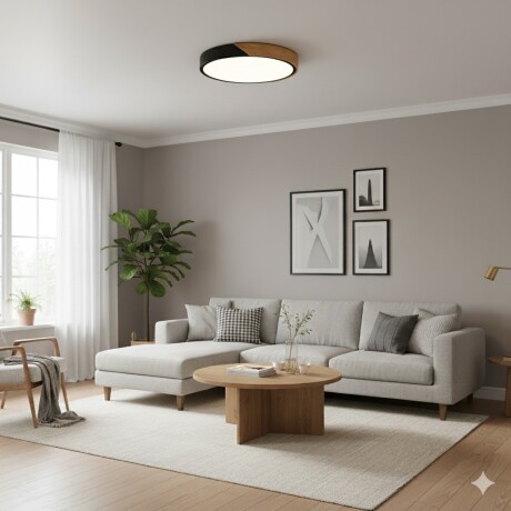 Plafón led circular de madera y aluminio negro mate Luz neutra