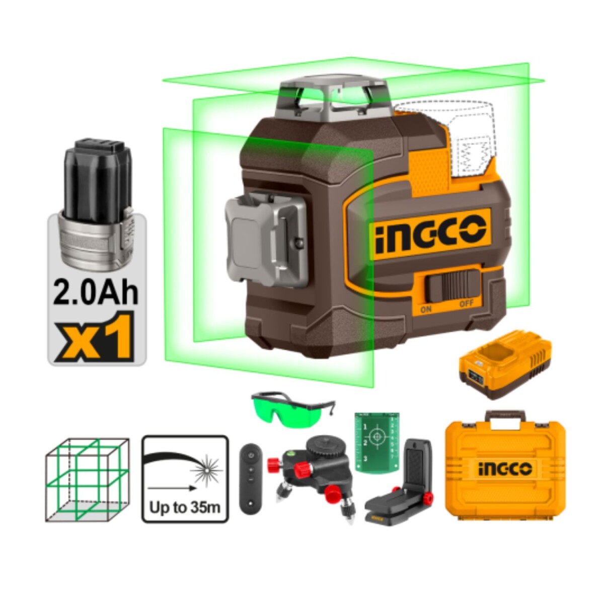 Nivel Láser INGCO 3D verde a batería + Valija + Accesorios 