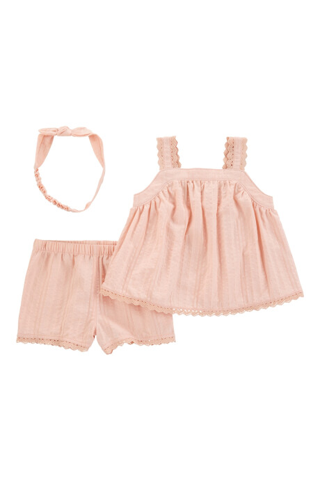 Set tres piezas de algodón texturado, short, musculosa y vincha, rosados Sin color