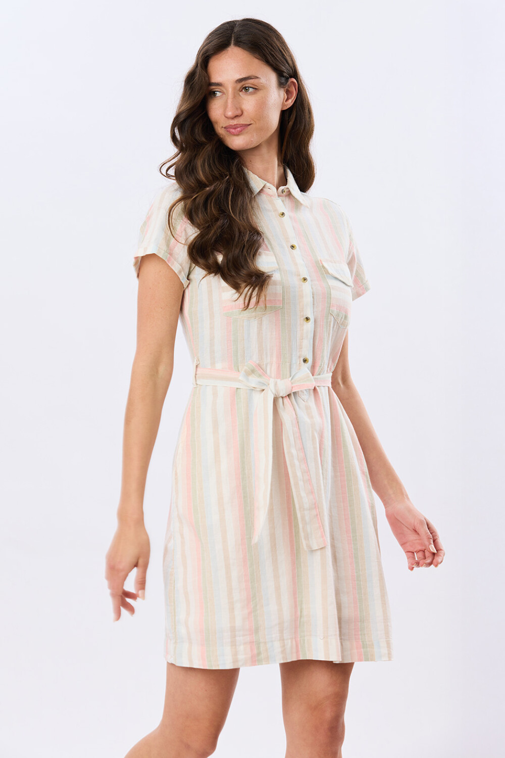 VESTIDO RAYADO DE LINO Rosa