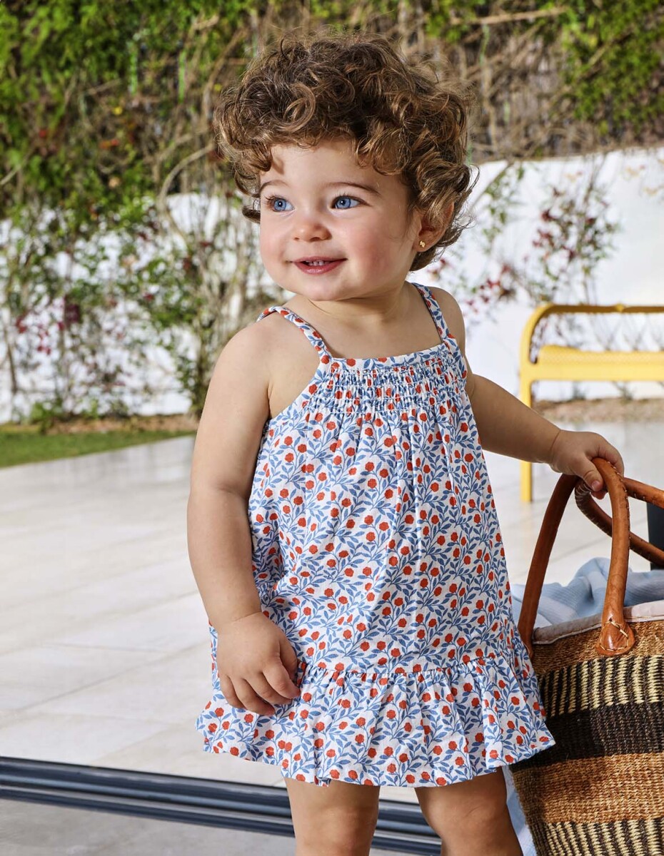 Vestido Estampado De Tirantes Con Bordados - Blanco 