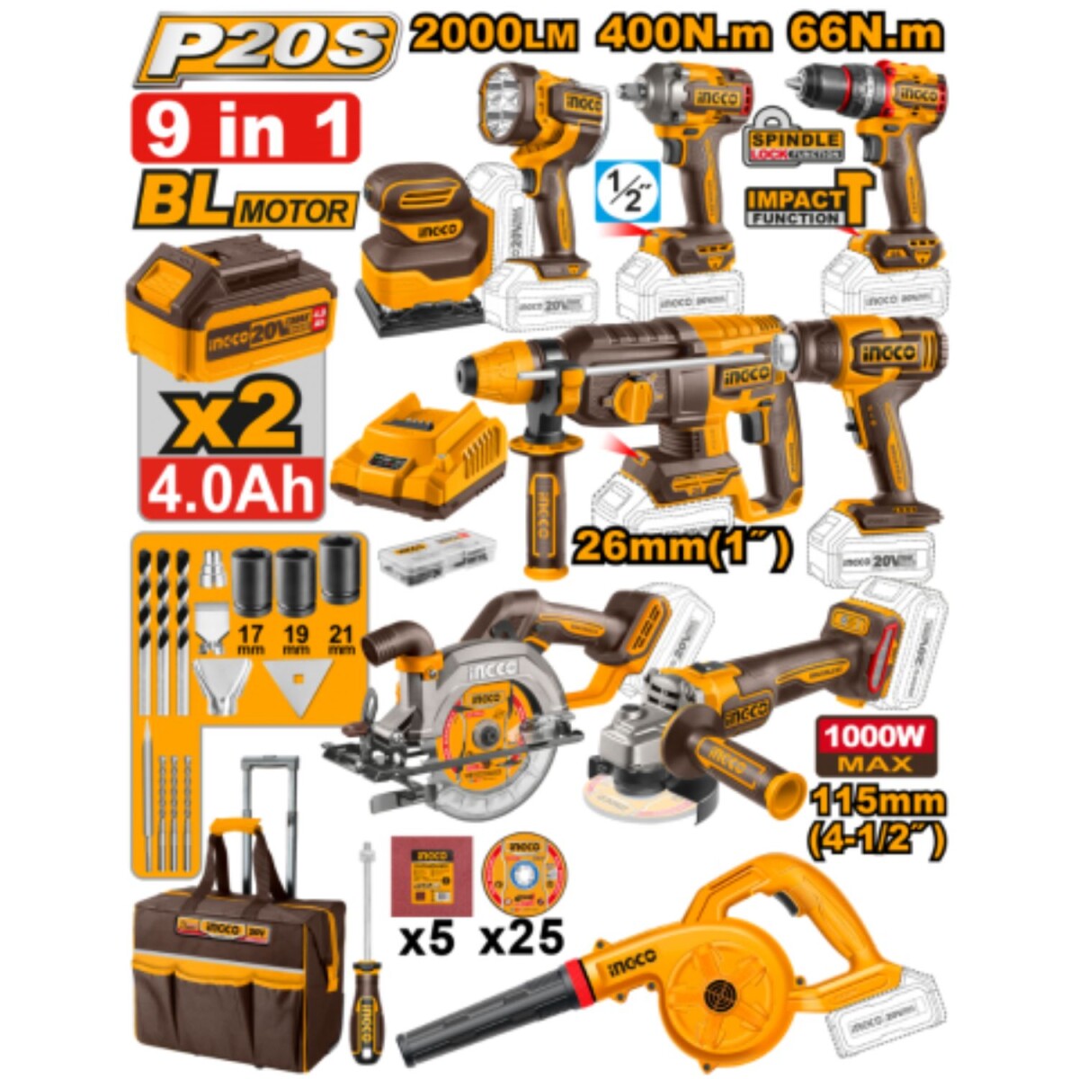 Kit Ingco 9 herramientas a batería + accesorios y valija 