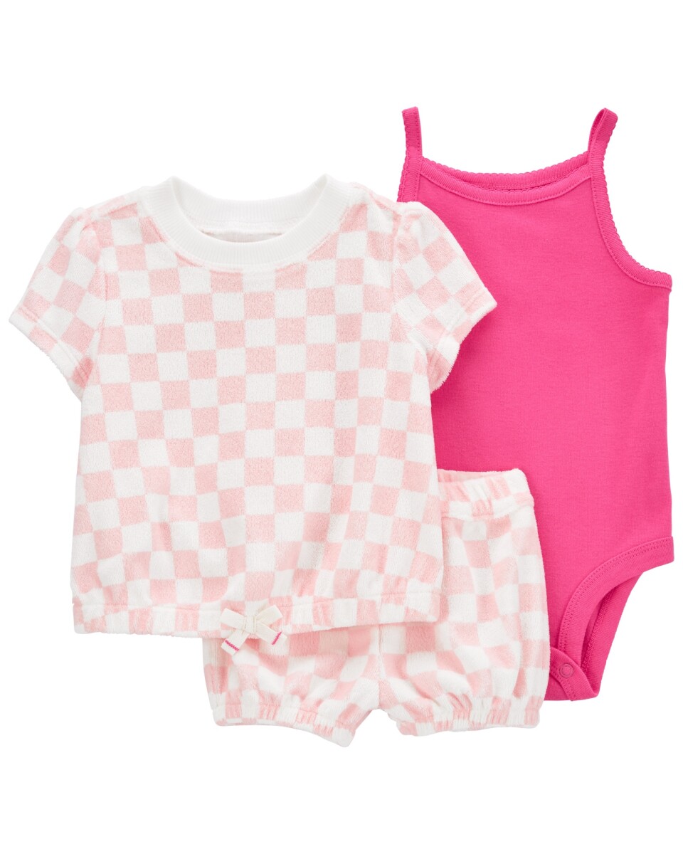 Set Carters Cuadros 3 Piezas Short Remera y Body Algodón - ROSA 