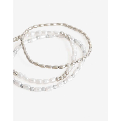 Set Pulseras Perlas Y Metal Plateado Rodio