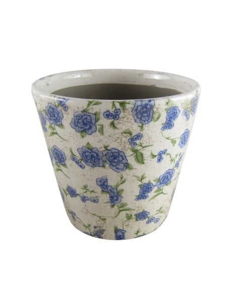 MACETA CERAMICA 14X14X13CM FLORES AZUL ENVEJECIDA MACETA CERAMICA 14X14X13CM FLORES AZUL ENVEJECIDA
