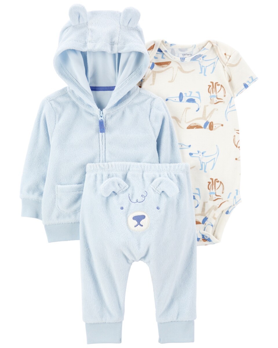 Set tres piezas, campera y pantalón de algodón terry más body de algodón, diseño perro 