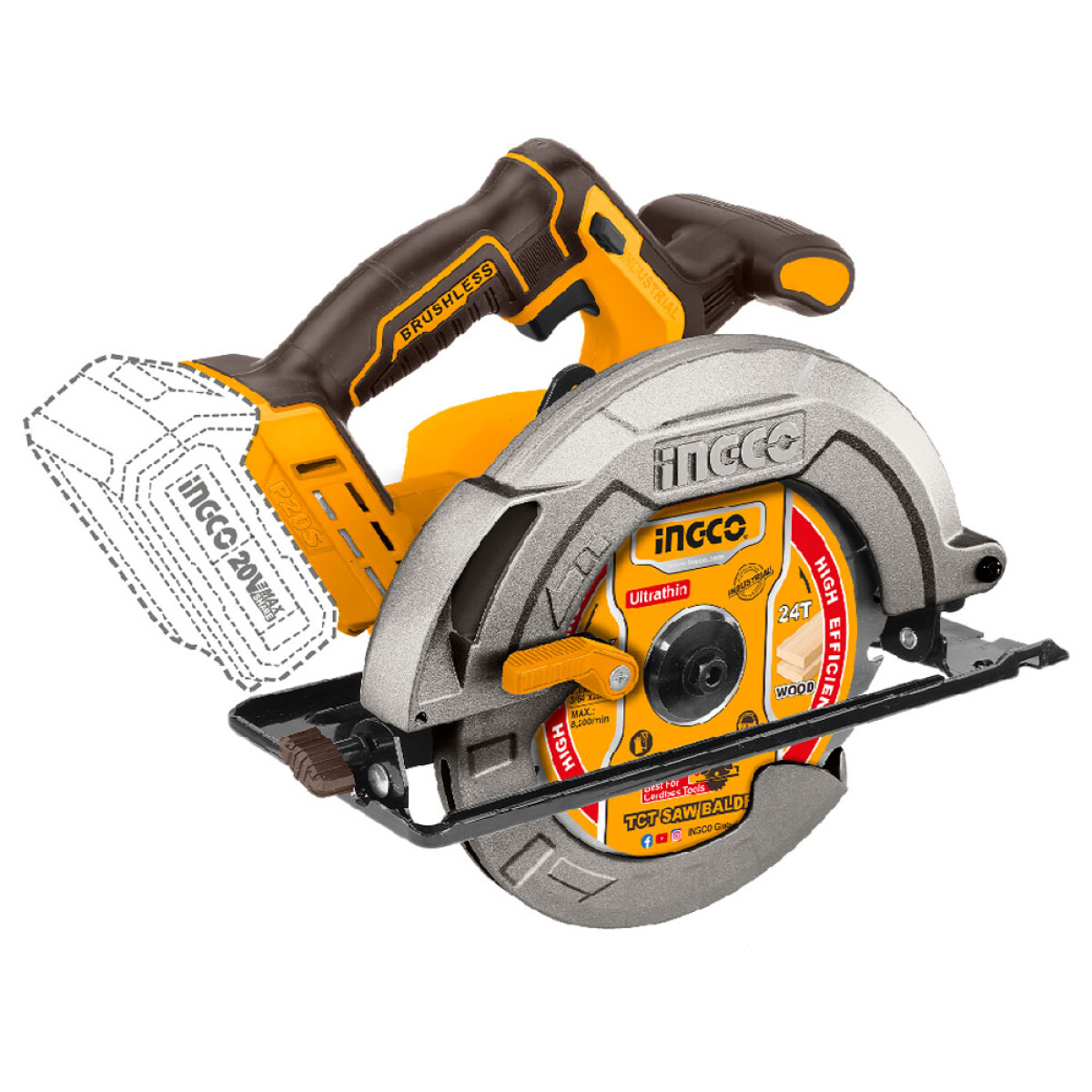 Sierra Circular 20V 185mm + Batería Cargador Ingco CSLI18511 - Amarillo 