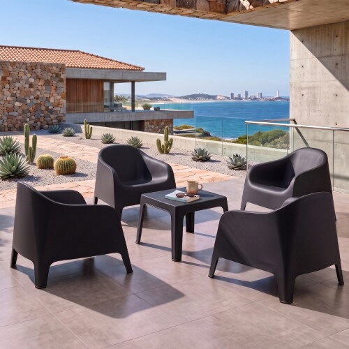 Sillón De Jardín Set X4 Skarpo Apilable + Mesa Master Negro