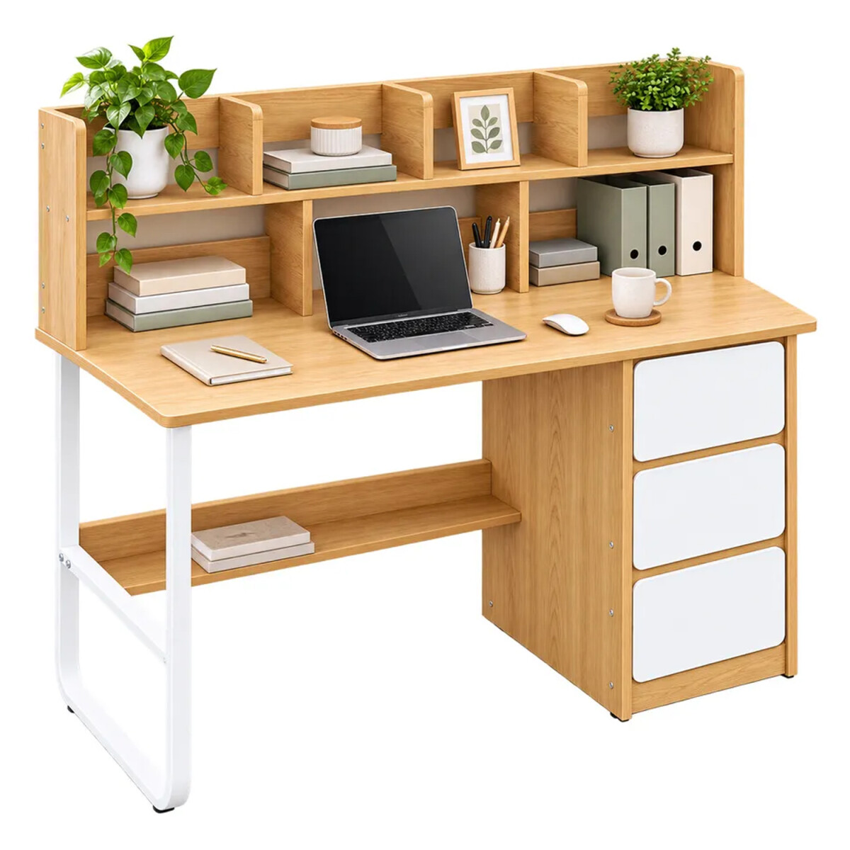 Escritorio 3 Cajones Con Estantes De Madera Y Metal Movi Esh0027m - MARRON 