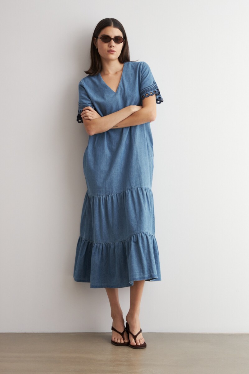 Vestido de jean bordado - jean medio 