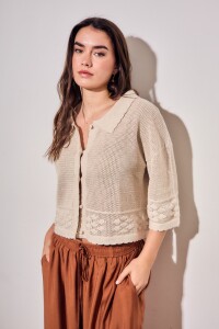 Cardigan Texturado Crochet Flores Beige Melange