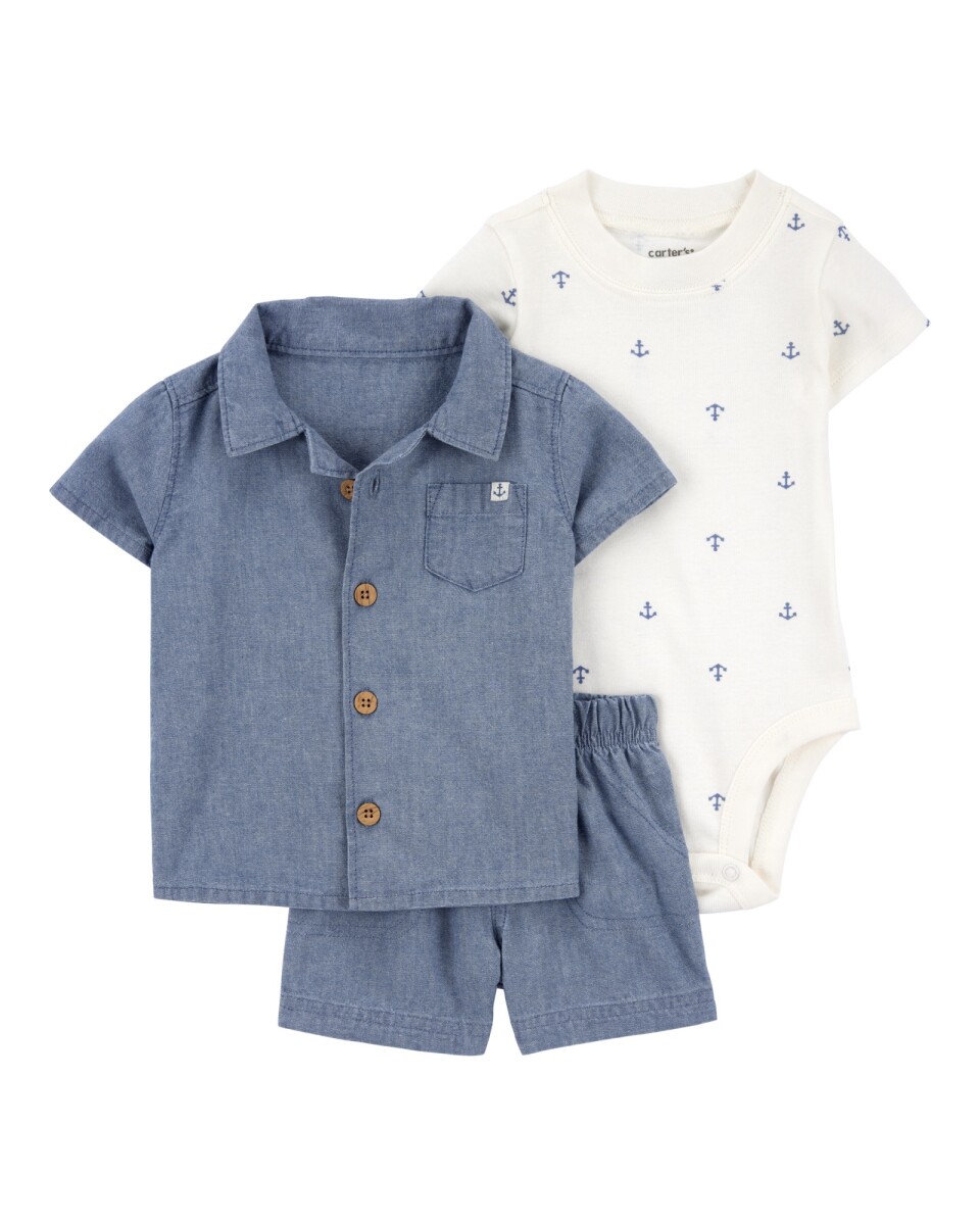 Set tres piezas, short y camisa de chambray más body de algodón 