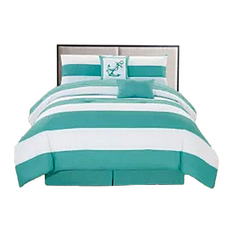 Set de Cama King 6 Piezas con Acolchado Almohadones Fundas Verde Agua/blanco