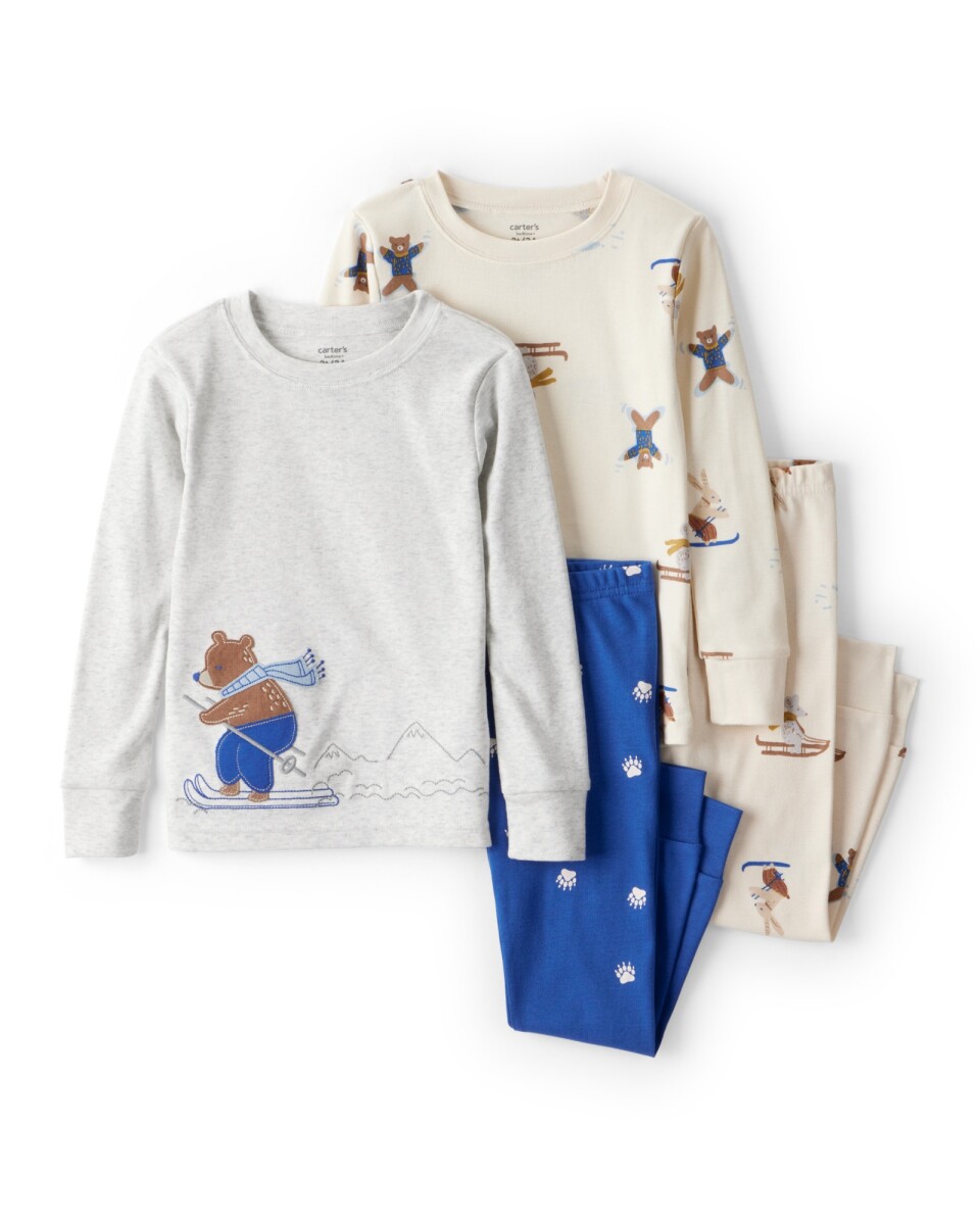Pijama cuatro piezas de algodón, dos remeras manga larga y dos pantalones 