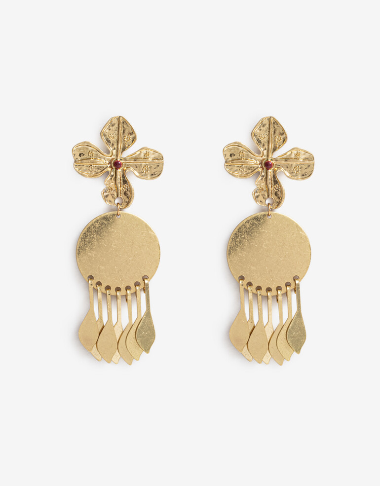Aros Colgantes Largos Esmalte Aros Largos Floral - Dorado