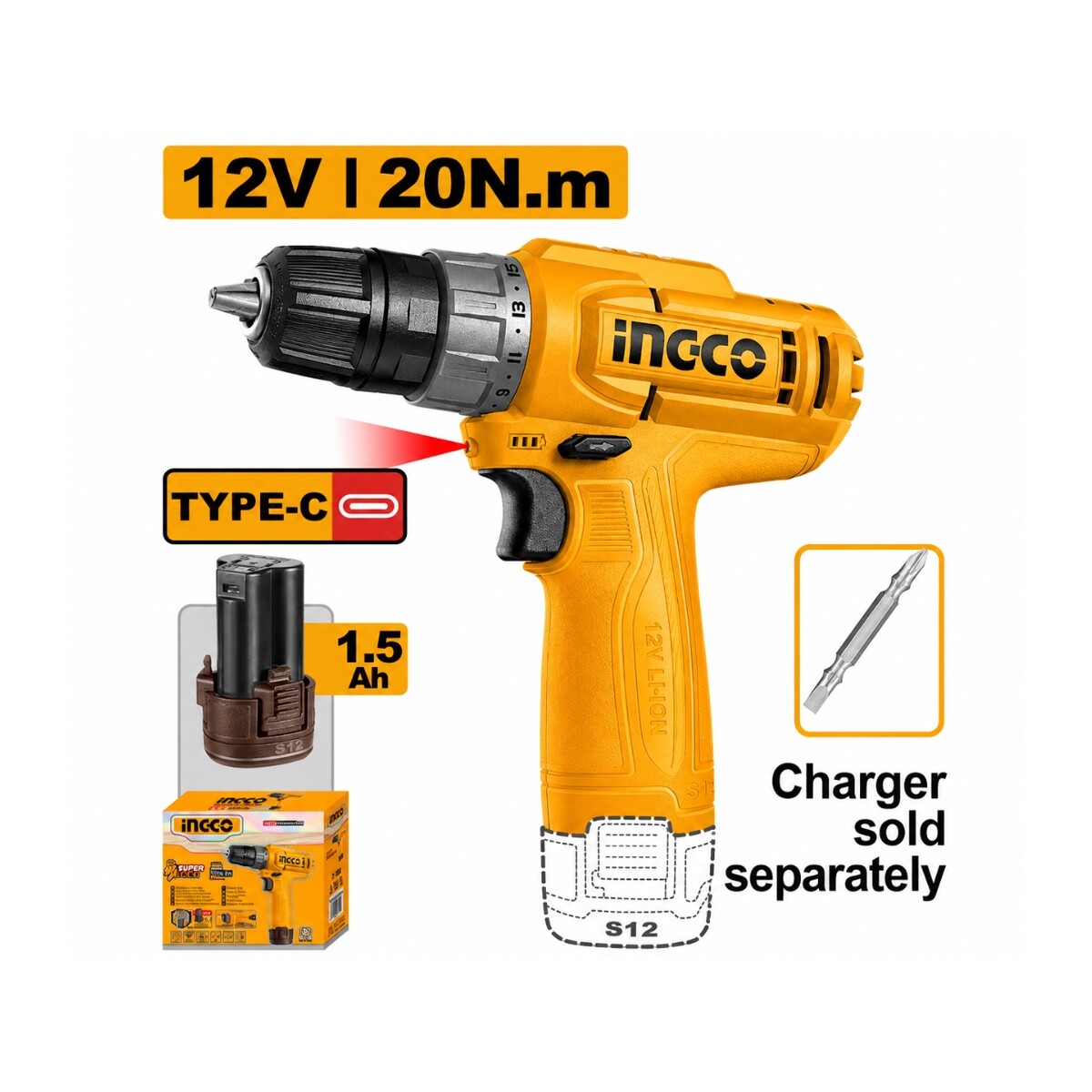 TALADRO ATORN. A BAT 12V USB TIPO C CON BAT 1.5AH INGCO Taladro Atorn. A Bat 12v Usb Tipo C Con Bat 1.5ah Ingco