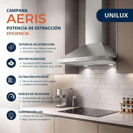 Campana Extractora Aeris 60CM Acero Inoxidable Pack De Campana Extractora Aeris 60CM + Anafe A Gas Vulcano Quad 4 Negro