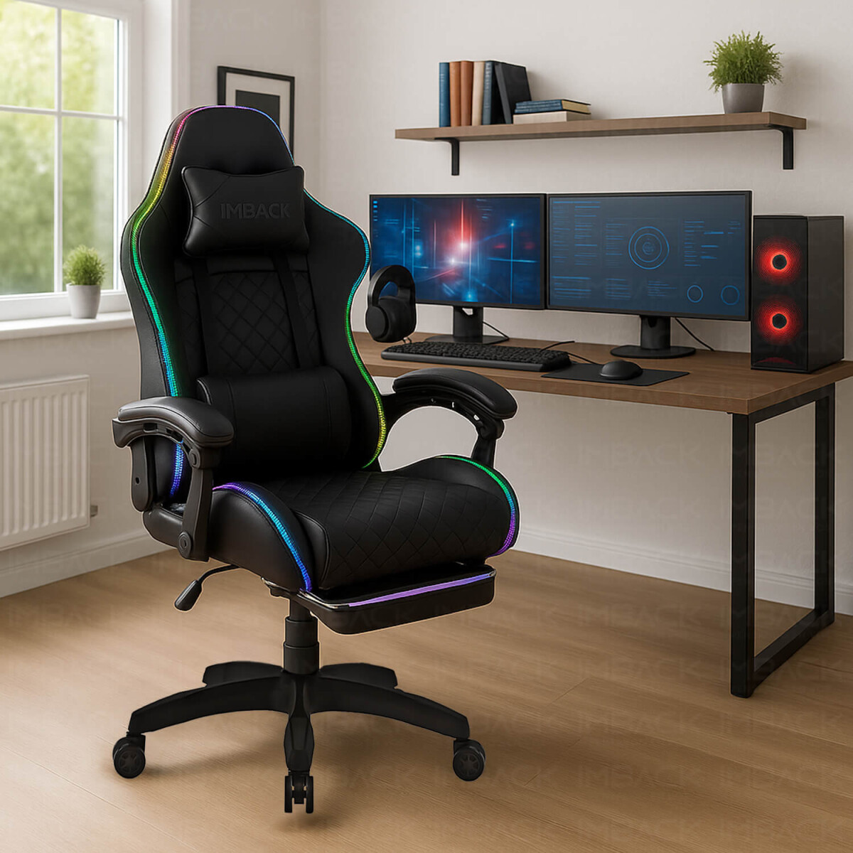 Silla Gamer Con Luces Led Ergonomica Escritorio y apoyapies con Cuero Sintético Imback Color Negro 