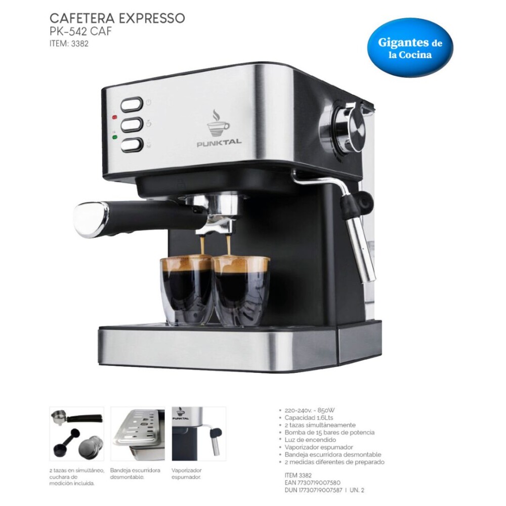 Cafetera Expresso - Punktal - 850W 15 Bares 1,6L con Vaporizador Cafetera Expresso - Punktal - 850W 15 Bares 1,6L con Vaporizador
