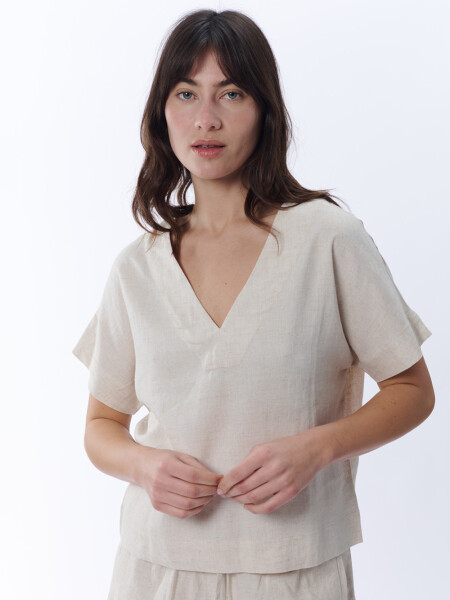 Blusa cuello en v con lino Crudo