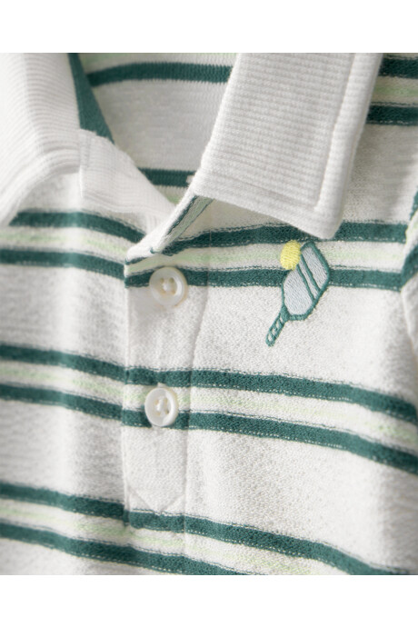 Monito polo corto de algodón, verde y blanco, diseño a rayas Monito polo corto de algodón, verde y blanco, diseño a rayas