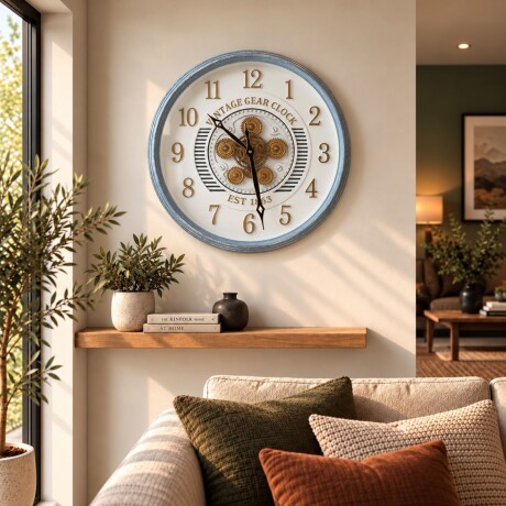 Reloj de Pared Decorativo Vintage con Engranajes y Marco Azul - Ø 50cm Reloj de Pared Decorativo Vintage con Engranajes y Marco Azul - Ø 50cm